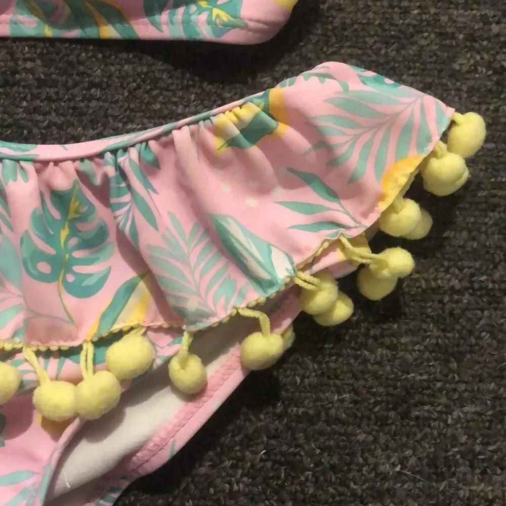 Nicole Miller Girls Swimsuit 2 pc Pom Poms Girl's Medium (10) Pink Lemon Print